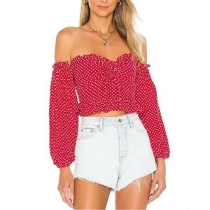 Privacy Please off shoulder top in red with white dots
